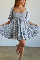 Gesmoktes Babydoll-Kleid mit Vichy-Karomuster